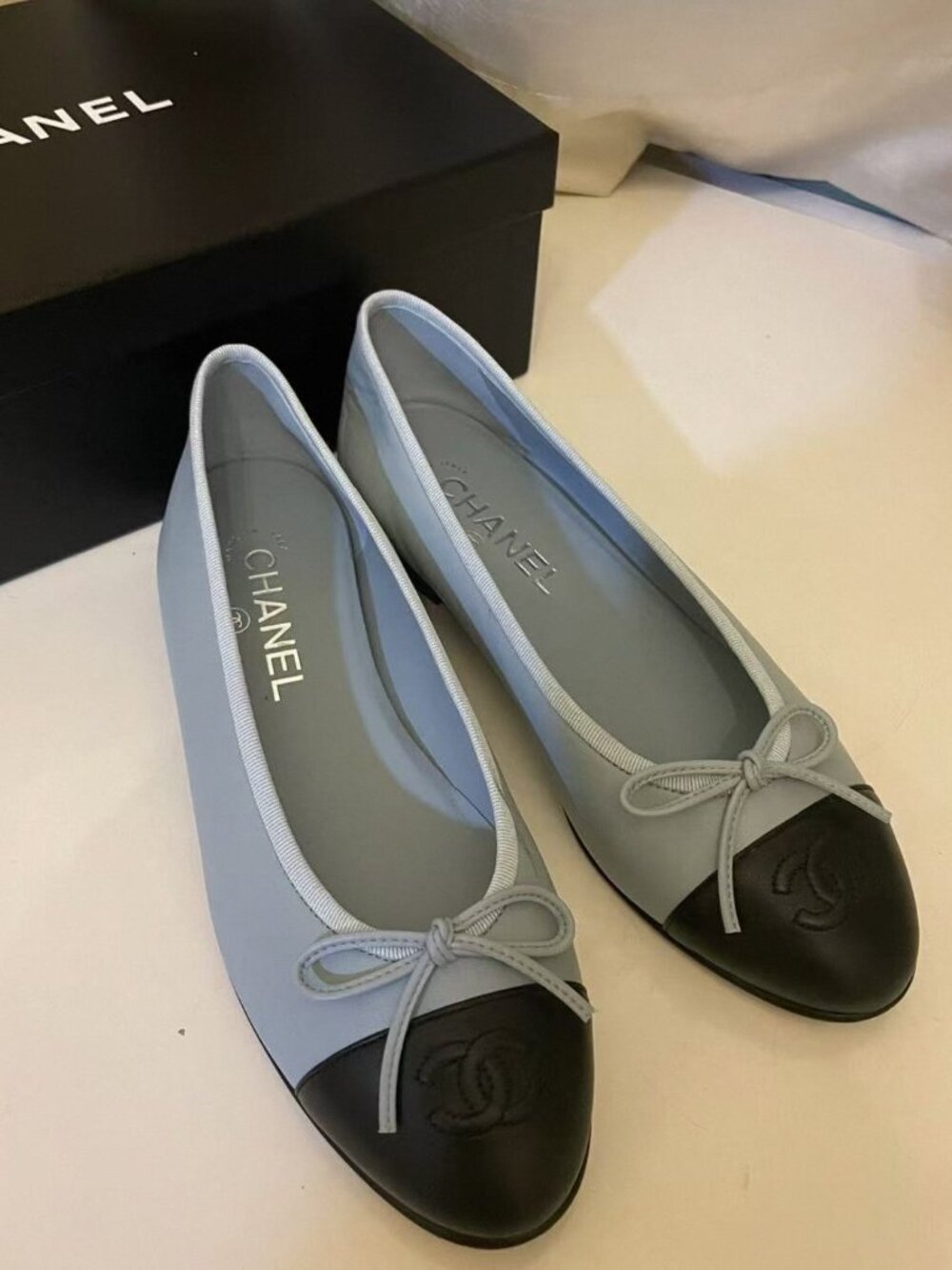 CHANEL Blue & Black Cap Toe Ballet Flats – with Box - Picture 3 of 5